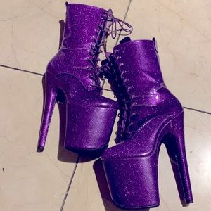 HELLA HEELS 8 INCH PURPLE GLITTER SPARKLE ANKLE BOOTS SZ 38